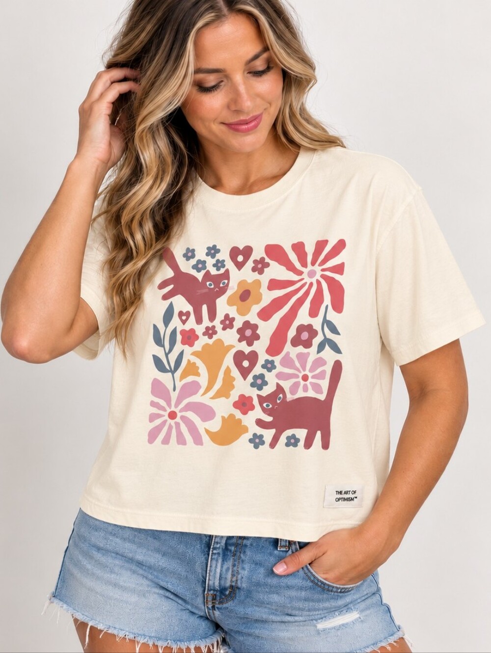 Life is Good Cats in Flower Field Crusher Boxy Tee Cotton Short Sleeve Size M